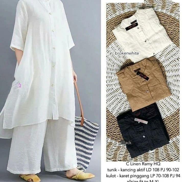 Setelan Muslim Wanita Terbaru / One Set Tunik+Kulot Bahan Katun Linen / OOTD Muslim Murah / Titan On