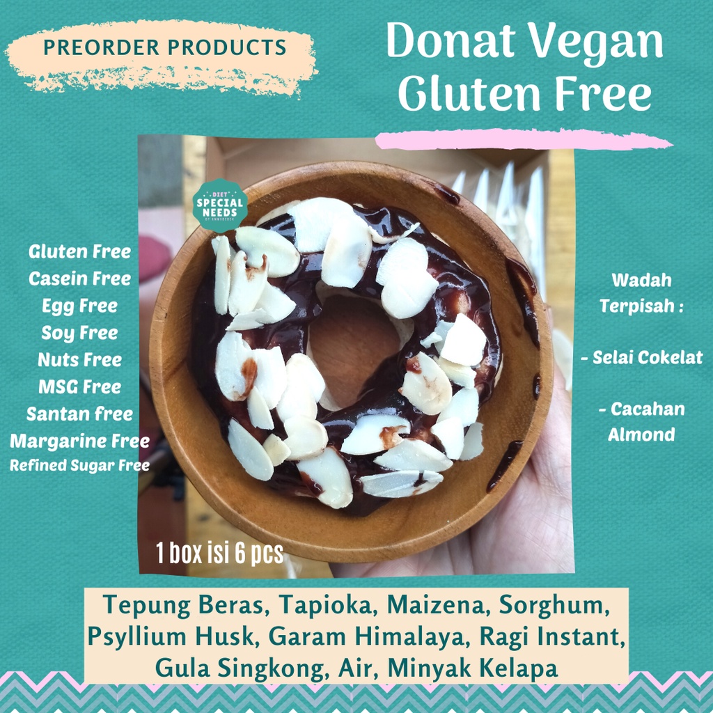 

Donat Donut Choco Almond Vegan Gluten Free Dairy Free Egg Free Refined Sugar Free Santan Free Margarine Free Soy Free Tanpa Pengawet - Diet Special Needs