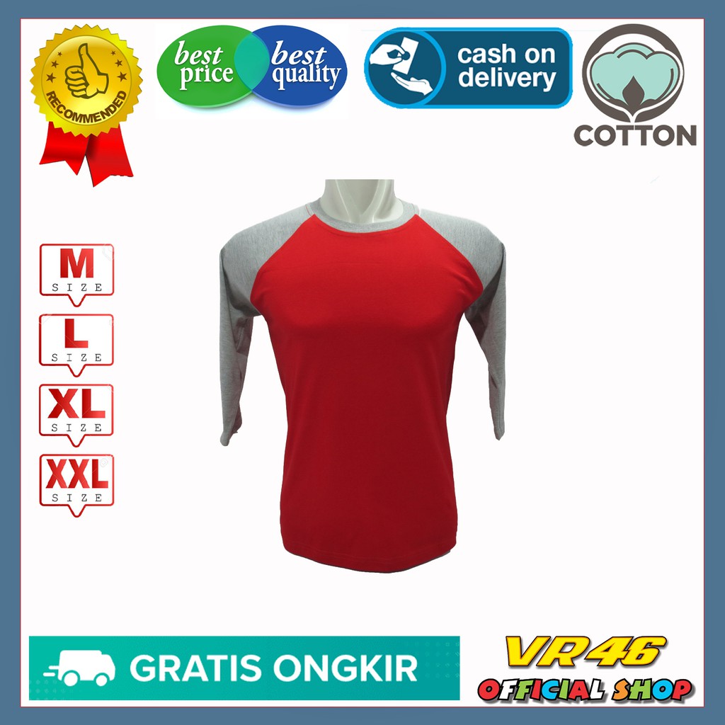 Kaos Raglan Polos Lengan 3/4 Warna Merah Cabe Lengan Abu Misty Size M L XL XXL Bahan Katun 24S 80