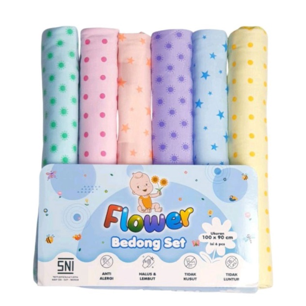 6 Pcs (1/2 Lusin) Bedong Bayi 90x100 cm Rainbow BABY OWIE POLOS | FLOWER PRINT Halus Bedong Set / Alas Tidur