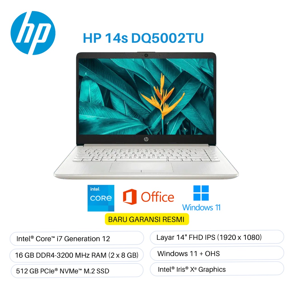 LAPTOP HP 14S DQ5002TU i7 Gen 12 Ram 16 GB Ssd 512 GB Win 11 + OHS Baru Garansi Resmi