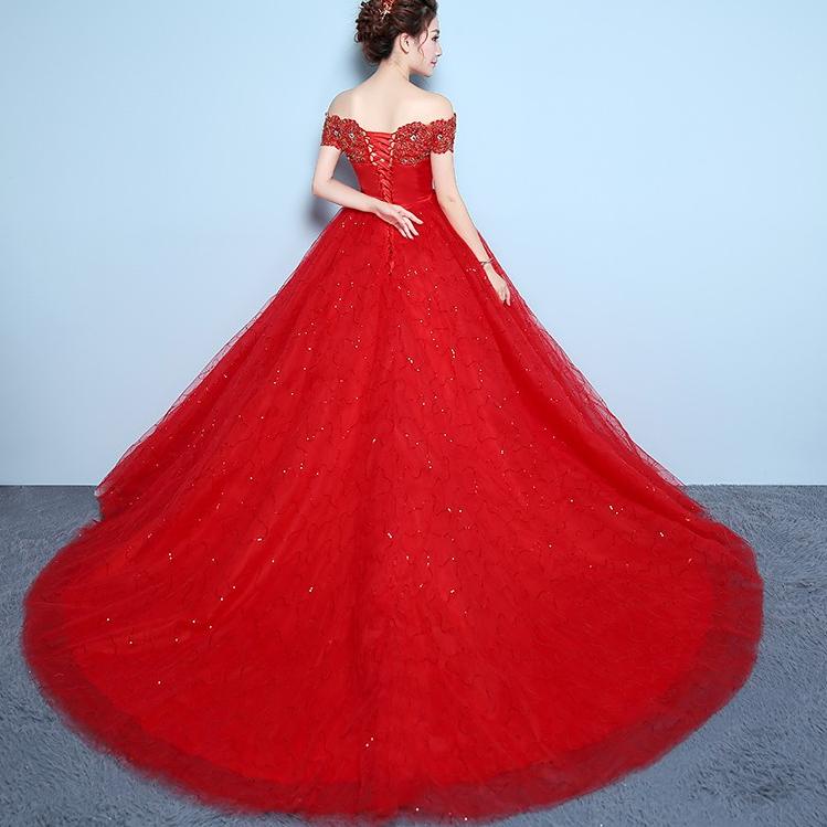 Super Promo--Putih Dan Merah Ekor panjang Off Shoulder wanita gaun pengantin Sabrina Renda gaun pest