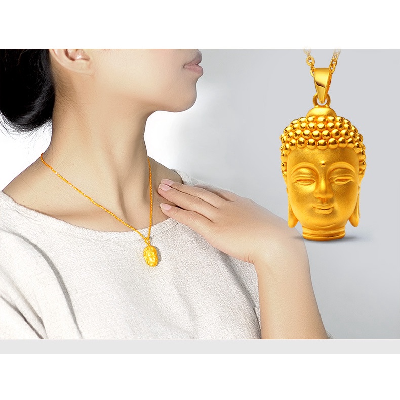 Kalung Emas Emas Asli Kadar 375Dengan Liontin Kepala Buddha 3D Untuk Pria Dan Wanita