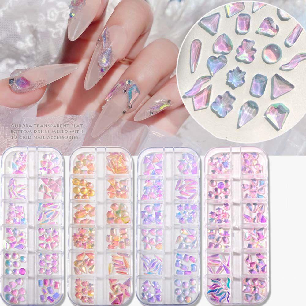 Needway Perhiasan Kuku Kristal Resin Fashion Jantung Bulat Hiasan Kuku set 3D Pesona Kuku Aurora Aksesoris Kuku