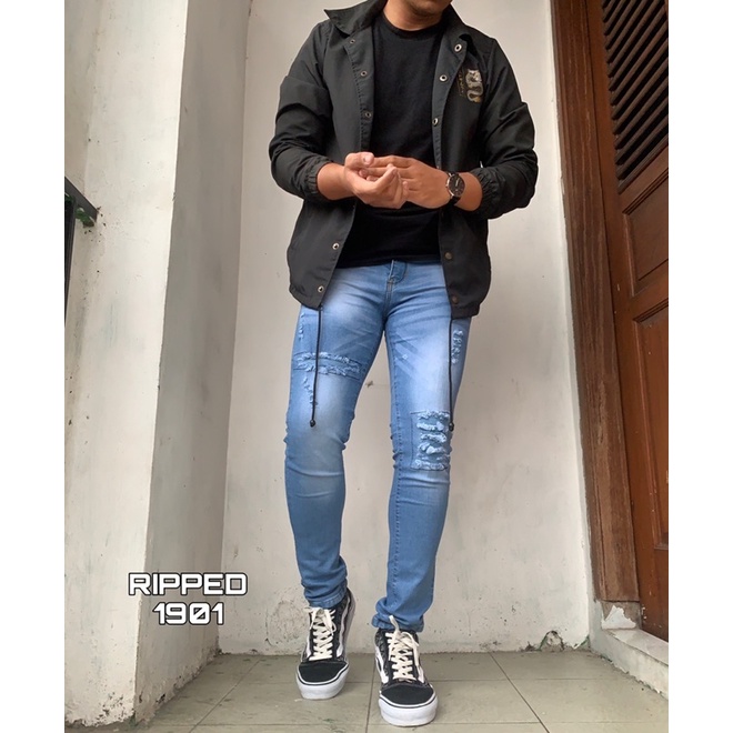 Celana Jeans Sobek Pria Ripped Tidak Tembus Original Soft Jeans Strech Terbaru Korean Style kekinian