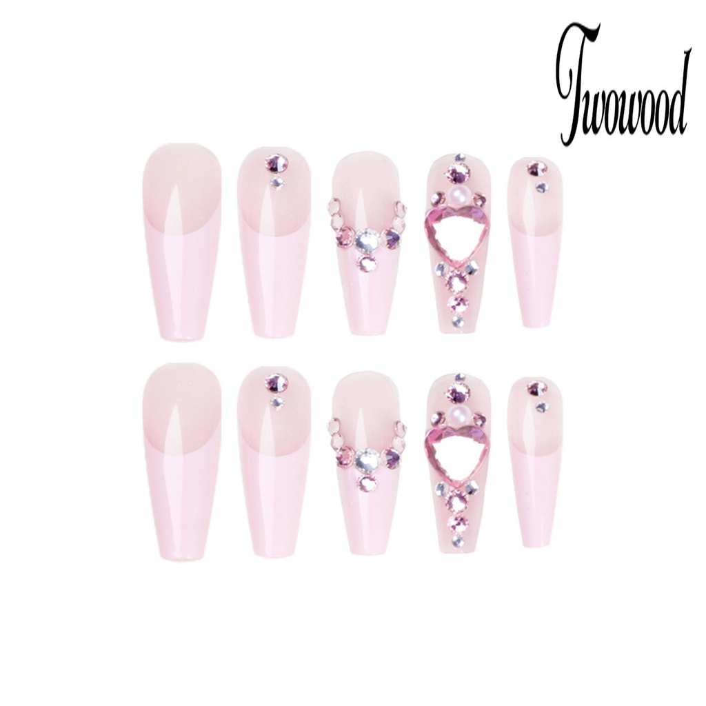 Twowood 24Pcs / Kotak Kuku Palsu Motif Hati Warna Pink Bahan ABS Untuk Nail Art / Salon