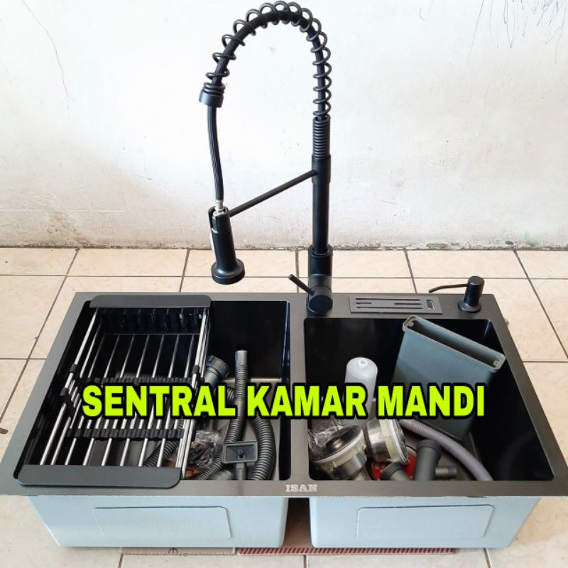 Only Gosend Grab Paket Lengkap Sink 8245 Hitam Kitchen Sink Black Wastafel 2 Lubang Bak Cuci Piring 