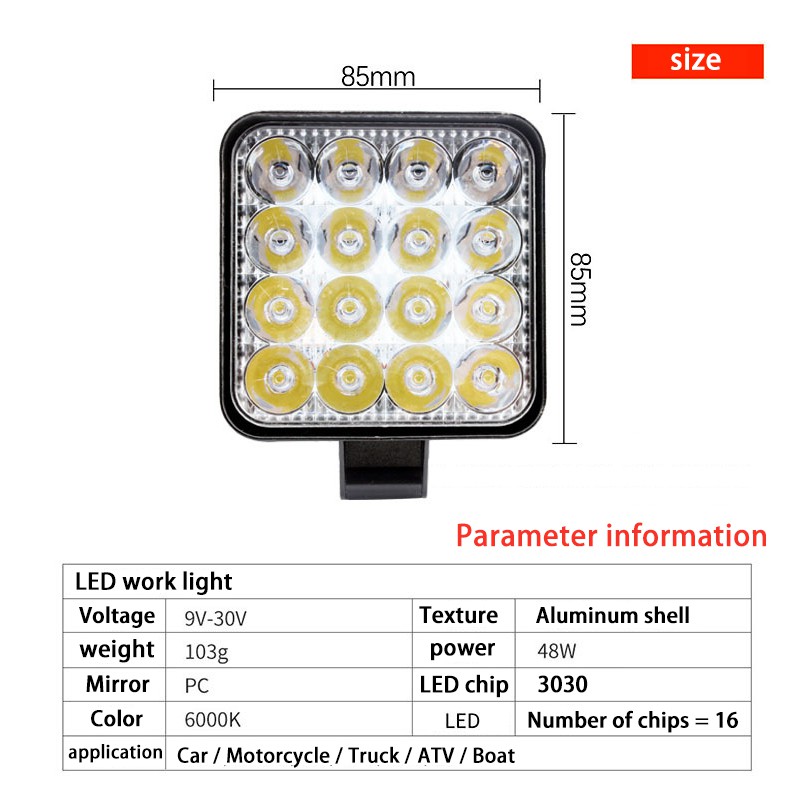 Lampu Sorot 16-LED 48W 12V / 24V untuk Foglamp / Depan Mobil / ATV / Off-Road