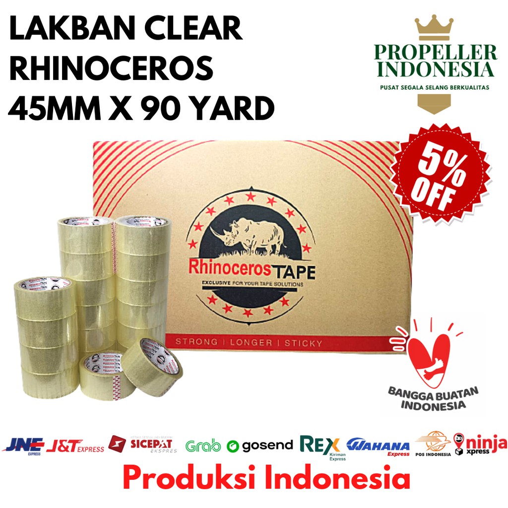 Lakban Bening Putih RHINOCEROS Tape 2 inci 45MM X 90 Yard @72Pcs/Dus