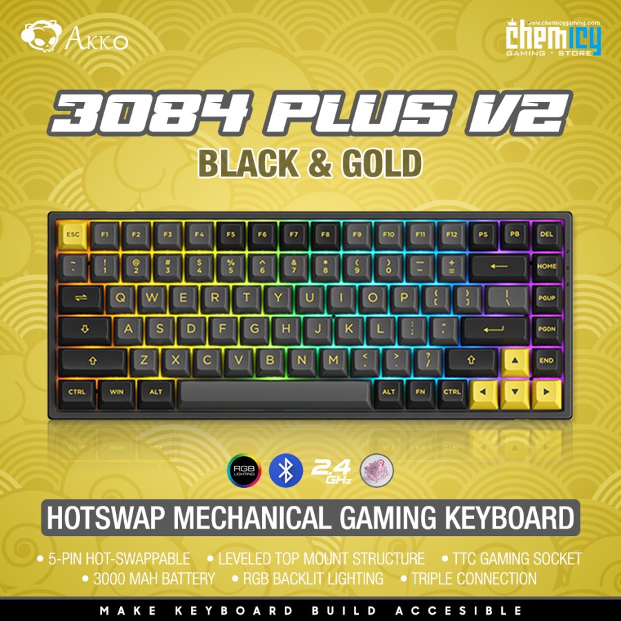 Akko 3084B Plus V2 Black &amp; Gold Hotswap Wireless Gaming Keyboard
