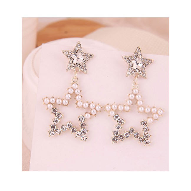 LRC Anting Tusuk Fashion 925 Silver Needle Metal Hollow Double Five-pointed Star Stud Earrings A5873