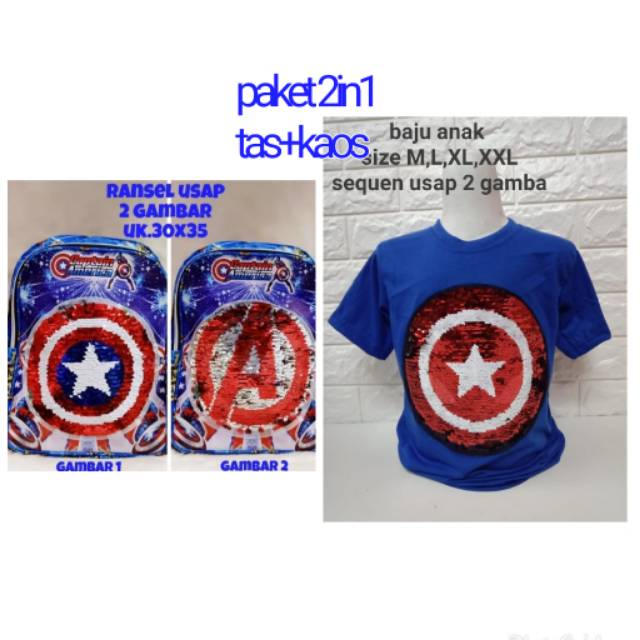 2in1tas anak kapten marvel ,spiderman,batman ,superman free kaos /tas anak sequen berubah gambar