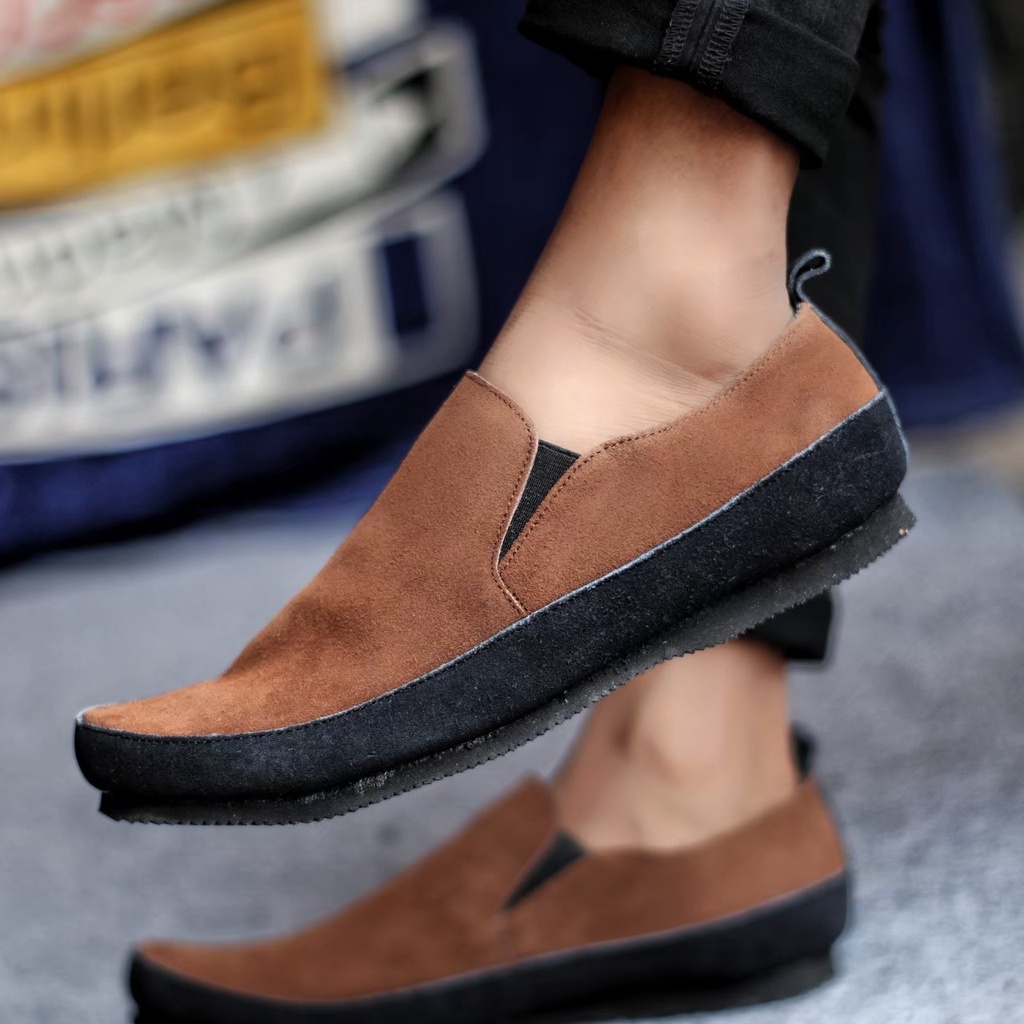 ENOZSTORE I Sepatu Slop Pria Kasual Original Kulit Suede Slip On Cowo Murah Promo Shopee Keren Trendy Modis