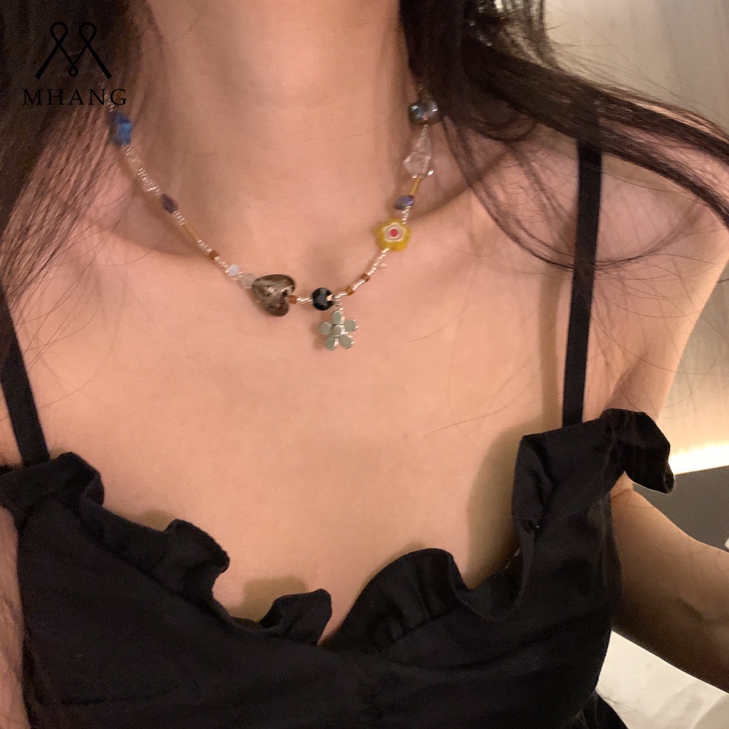 Kalung Manik-Manik Kristal Bentuk Hati Dan Bunga Warna Silver Gaya Punk