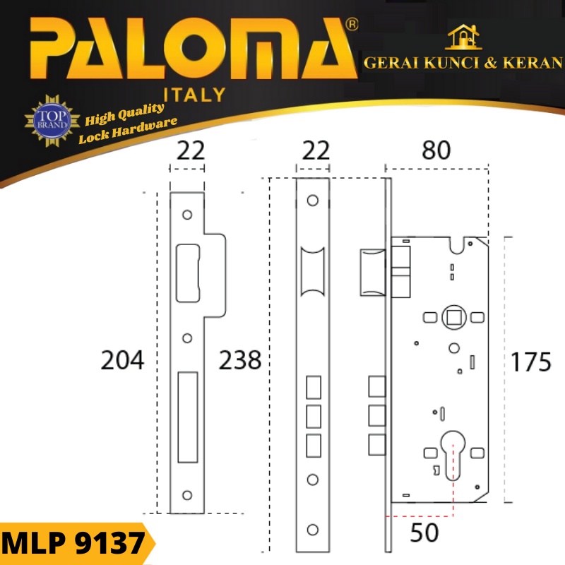 PALOMA MLP 9137 MORTISE LOCK SWING 50 MM EXCLUSIVE ITALY ANTIQUE BRASS