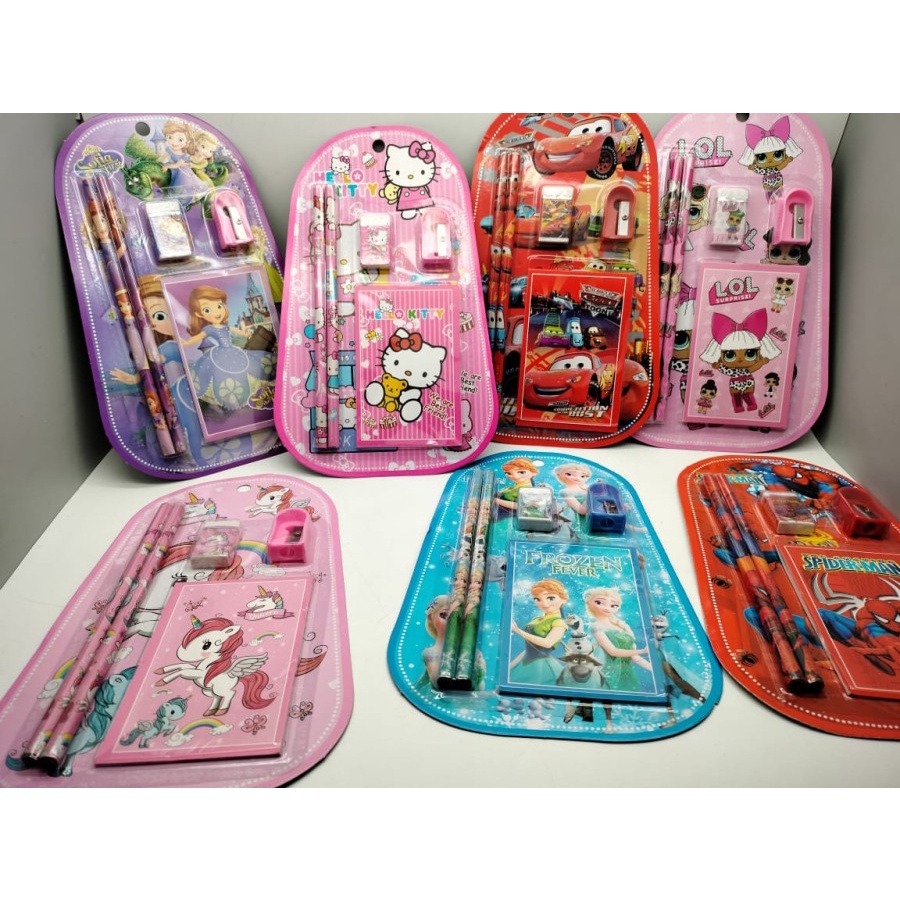 

Rinmarket Souvenir Ulang Tahun anak Pencil Set Alat Tulis / ATK Pensil Penghapus Serutan Buku Notes Catatan