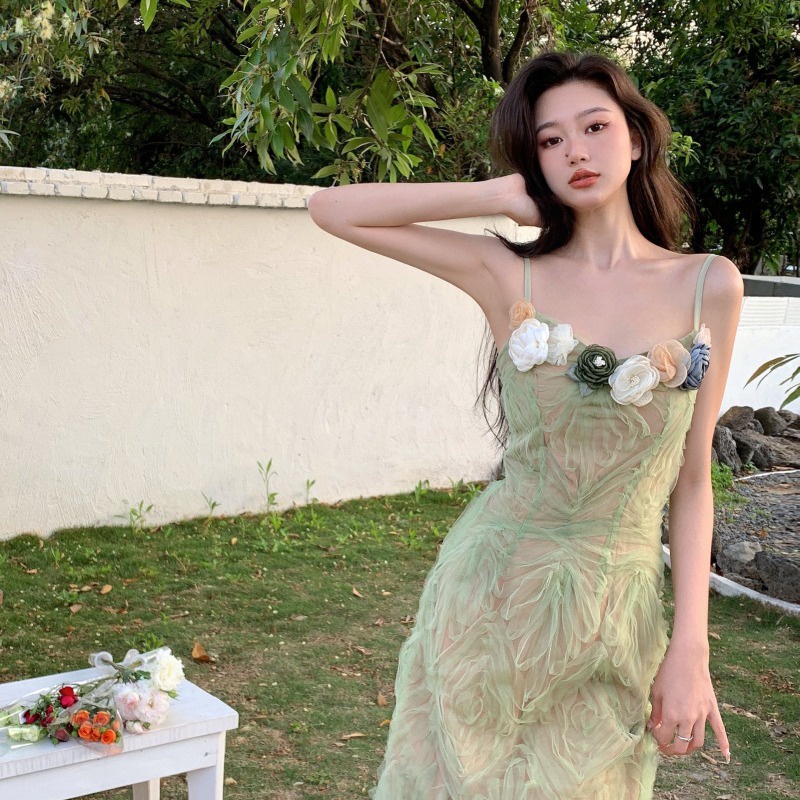 Mini Dress musim panas v-neck Perancis gaya baru suspender dress niche tiga dimensi bunga hijau mesh