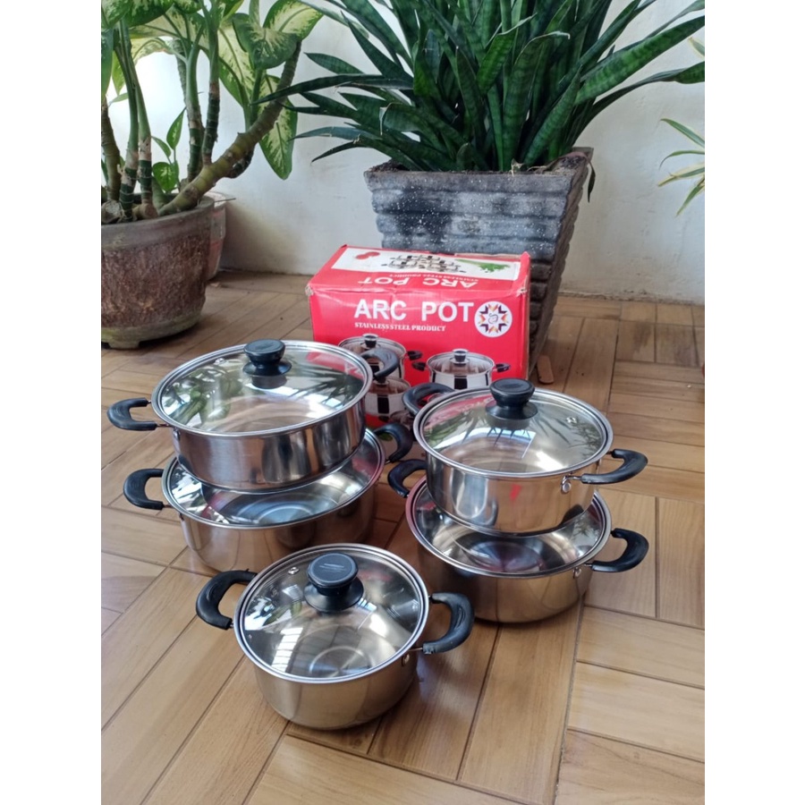 Promo Terbaru!!! Panci ARC POT Set 10pcs Stainless Steel Dengan Penutup Kaca 5 Susun Anti Lengket Berkualitas