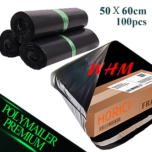 Plastik Packing Olshop PE Polymailer 50x60cm Lem Perekat Isi 100pcs Anti Plong Hitam Glossy Tebal