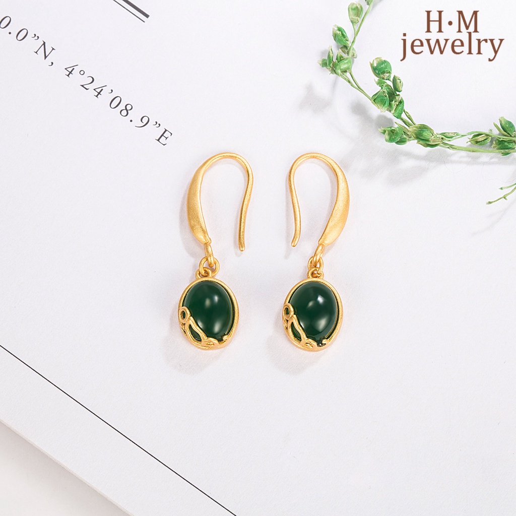 Anting Stud Giok Hetian Jasper Gaya Retro Perancis Untuk Wanita