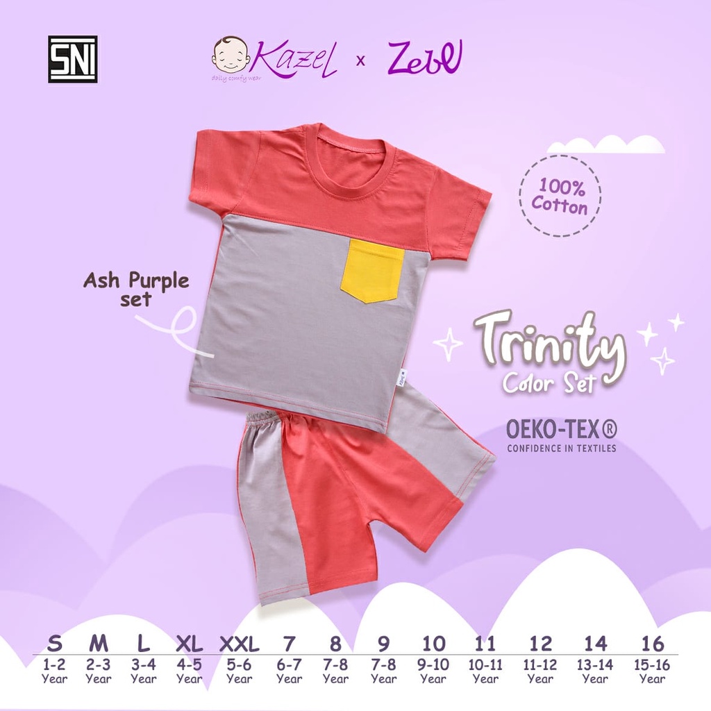 Kazel Zebe Trinity Color Set Baju Setelan Pendek Playset Anak Pocket 3 Warna Unisex Edition