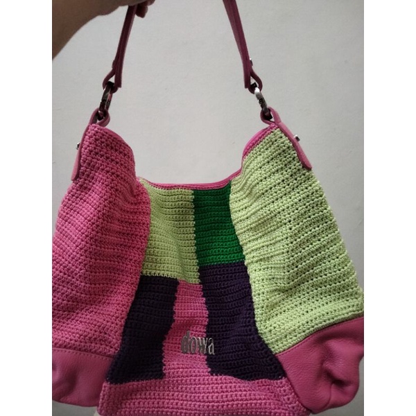 Dowa Tas Multi Pink Hobo Shoulder Bag Leather Crochet