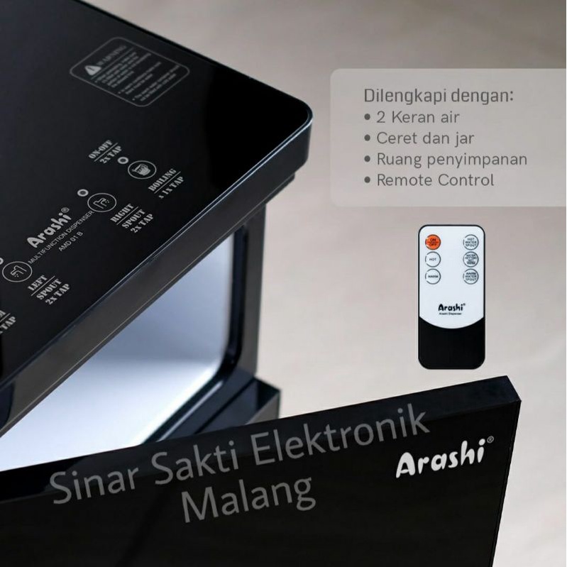 Arashi Dispenser Multifungsi Galon Bawah + Remote AMD-01B Panas Normal amd 01b Malang murah