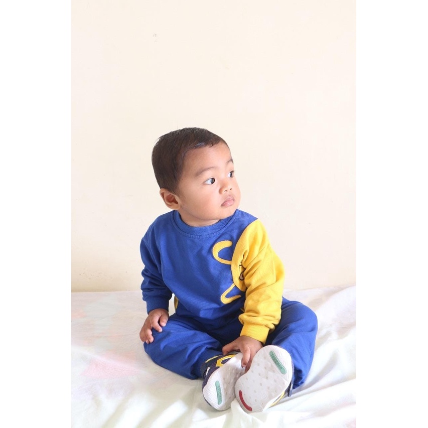 Promo !! Setelan baju anak cowok / setelan silly face cartoon import ukuran 1-3tahun (biru kuning)