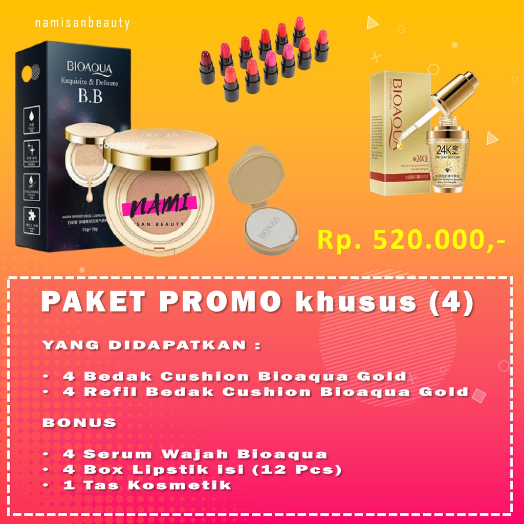 (4 BEDAK CUSHION BIOAQUA+ 4 REFIL BONUS 4 BOX LIPSTIK & 3 PCS SERUM WAJAH 1 TAS KOSMETIK