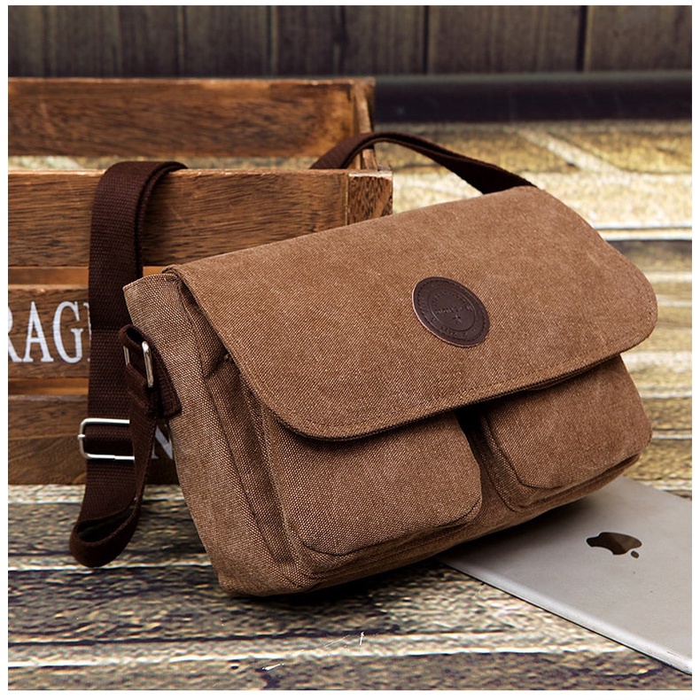 Tas Selempang Pria Messenger Bag Bahan Canvas mesenger mesenjer tas kanvas cowok kanfas Men's cowo Messenger Bags Male Canvas Shoulder Bag Fashion Casual Style Satchels Solid Color Crossbody Bag Retro Small Bags