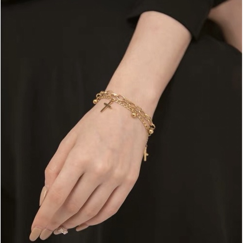 Gelang Titanium Salib 2 Layer Premium Vintage Fashion Wanita
