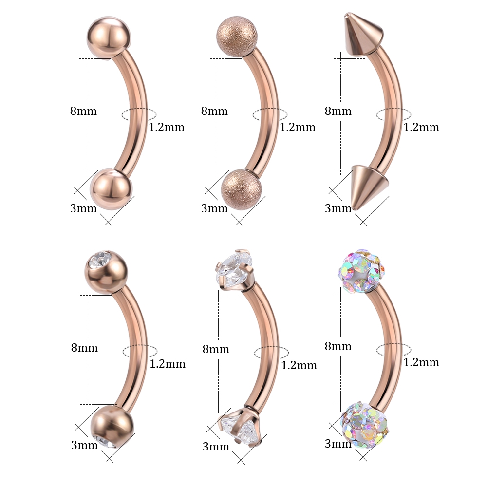 6pcs / Set Anting Tindik Alis Bahan Stainless Steel Warna Rose Gold Hias Berlian Imitasi