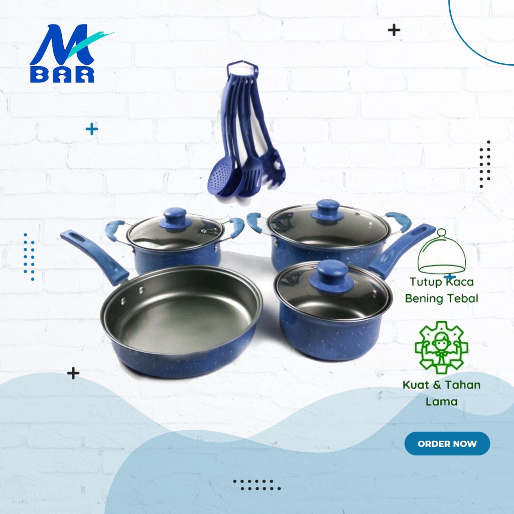 Panci Set Teflon 13 Pcs Cookware Set Tutup Kaca Merk Orange-BIRU