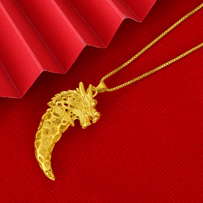 Kalung Emas Asli Kadar 375 Dengan Liontin Kepala Naga Gigi Serigala 3D Gaya Vintage