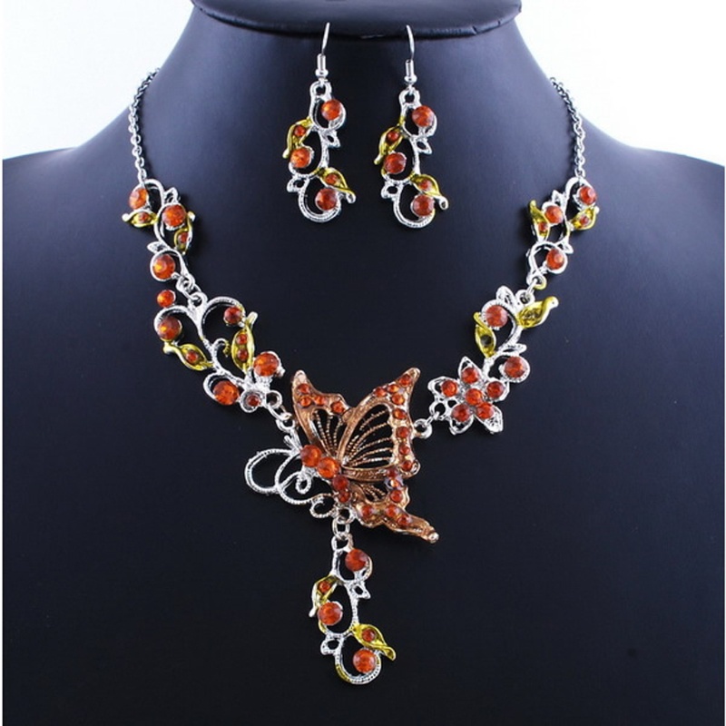 SIY  Hot Elegant Butterfly Flower Rhinestone Pendant Necklace Earrings Jewelry Set