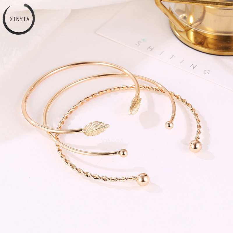 3Pcs / Set Gelang Wanita Model Vintage Simple Elegan Motif Daun Hollow