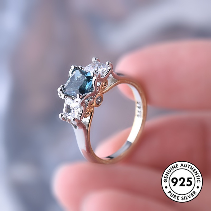 Cincin Lapis Silver 925 Dengan Batu Permata Biru Bentuk Kotak Untuk Wanita