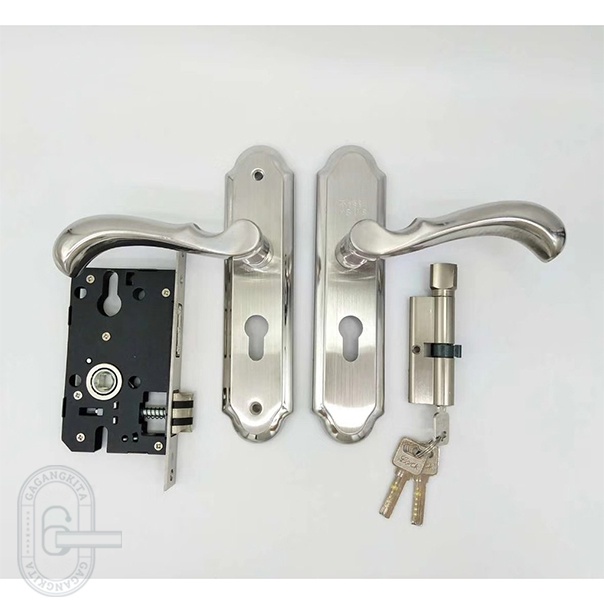 Gagang Pintu 1 set siap pasang, Handle Lock Door Premium Bedroom Living Room Mechanical Anti-Theft Security Mute Silver