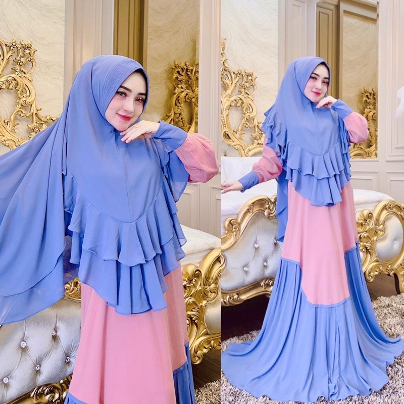 Gamis Syar'i Polos Biru komb Pink By Shellasaukia