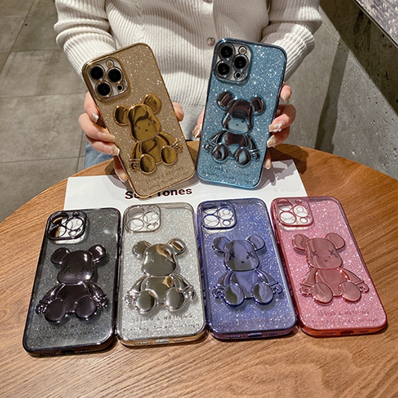 Soft Case Pelindung Desain Beruang 3D Electroplated Shockproof Untuk iPhone 13 12 11 Pro Max X Xr Xs Max SE 2020 iPhone 8 7 6 6s Plus 7pus 8plus Luxury Plating Cellphone Phone Case Casing All-inclusive Shockproof Protective Cover