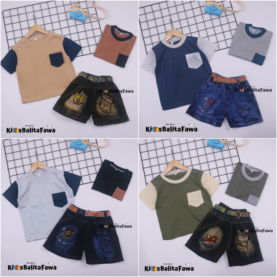 Setelan John Ethes uk Bayi-6 Tahun / Baju Anak Laki-Laki Lengan Pendek Celana Jeans Set Oblong Kantong