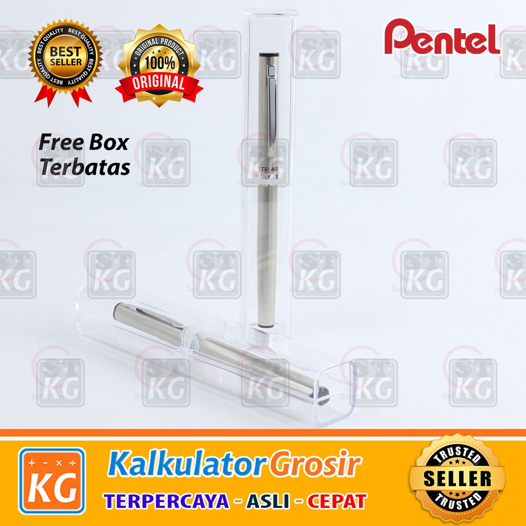 Pentel Rolling Pen TR 400 MG8 (pcs) Include Refill Bolpen / Pulpen Barell Selongsong Silver Stainless 0.8 Biru Dan Hitam Mg 8