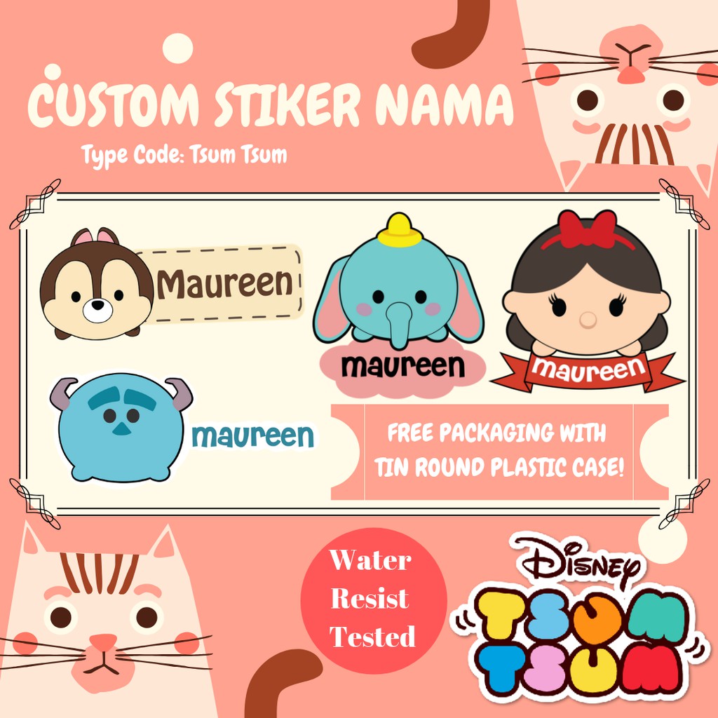 

CUSTOM STIKER NAMA ANTI AIR Variasi TSUM TSUM - Stiker Vinyl - Label Nama - Stiker Nama Anak