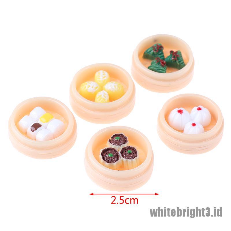 (white3) 5pcs / set Mainan Miniatur Dim Sum Cina Skala 1: 12 Untuk Dekorasi Rumah Boneka