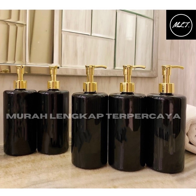 BOTOL PUMP 500ML HITAM GLOSSY PUMP LUXURY GOLD PET BLACK SOLID PUMP LOCK CLIP OIL GOLD LUXURY