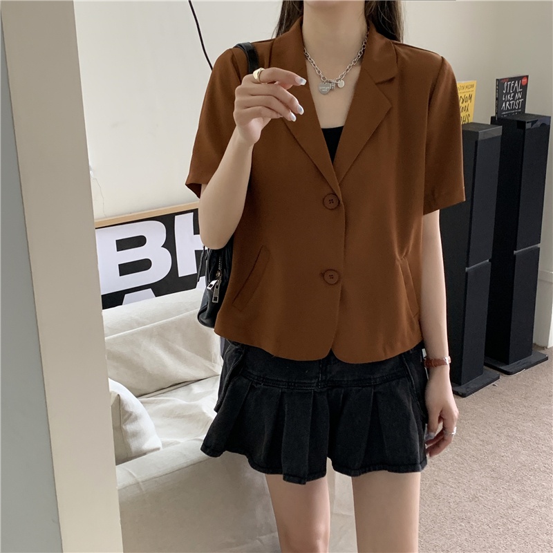 XIAOZHAINV Blazer Crop TopV Korean Style Lengan Pendek Jaket Wanita