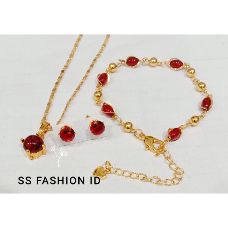 set perhiasan permata merah lapis emas 24k anti karat anti luntur