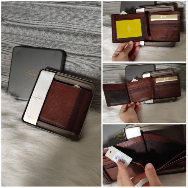 Dompet FOSSIL Ennis Traveller RFID Man Wallet with Tin Box Brown New Original