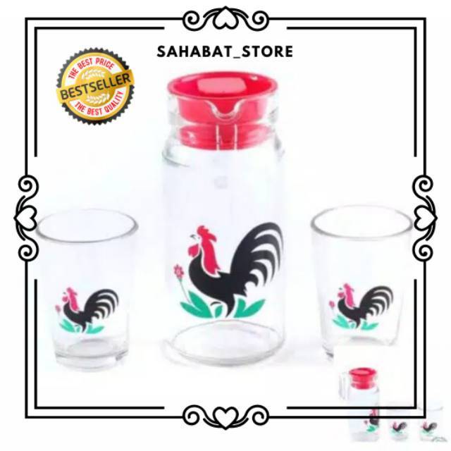 Teko Set Kimglass Kukuruyukk / Teko Set ayam jago  1 pcs pitcher dan 2 gelas  Kaca