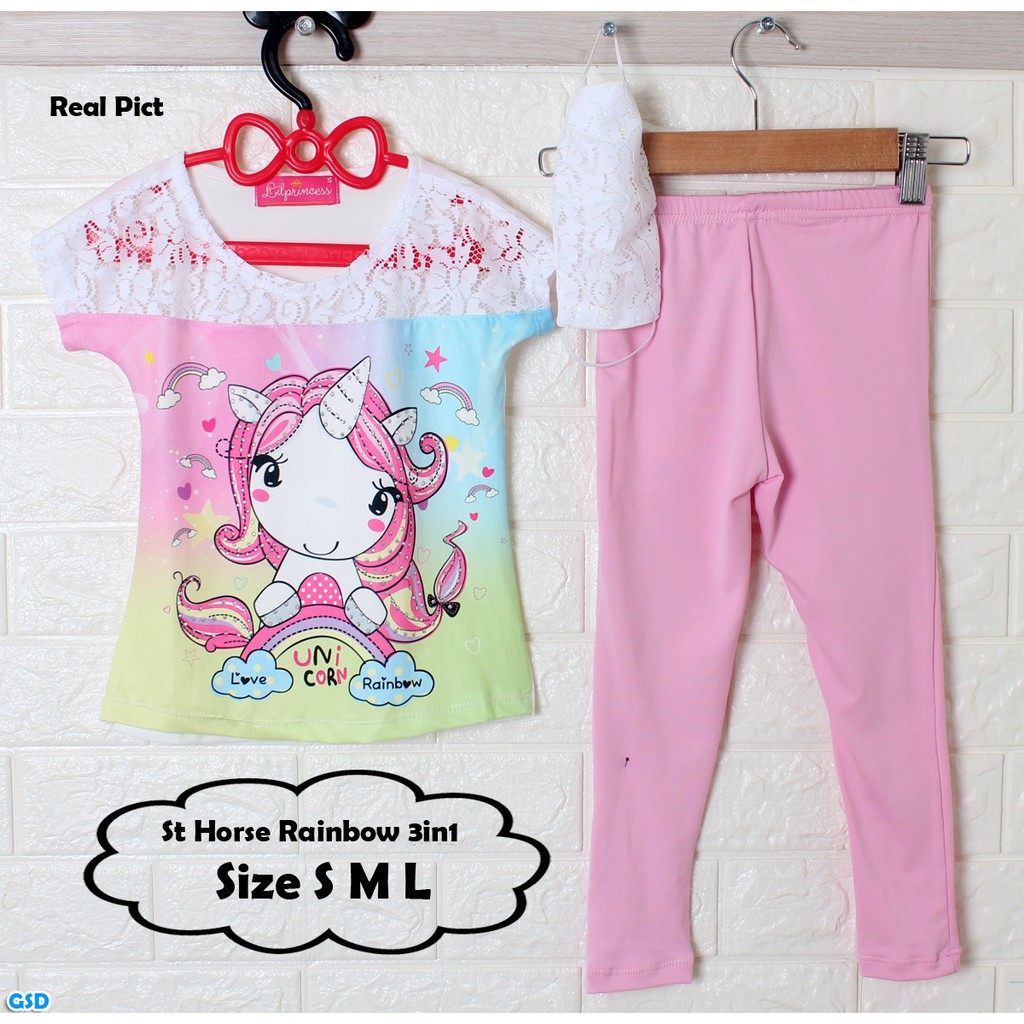 Set Horse Rainbow 3in1/ Setelan Anak Motif Kuda/ Baju Harian Anak Perempuan Murah/Baju Jalan Anak